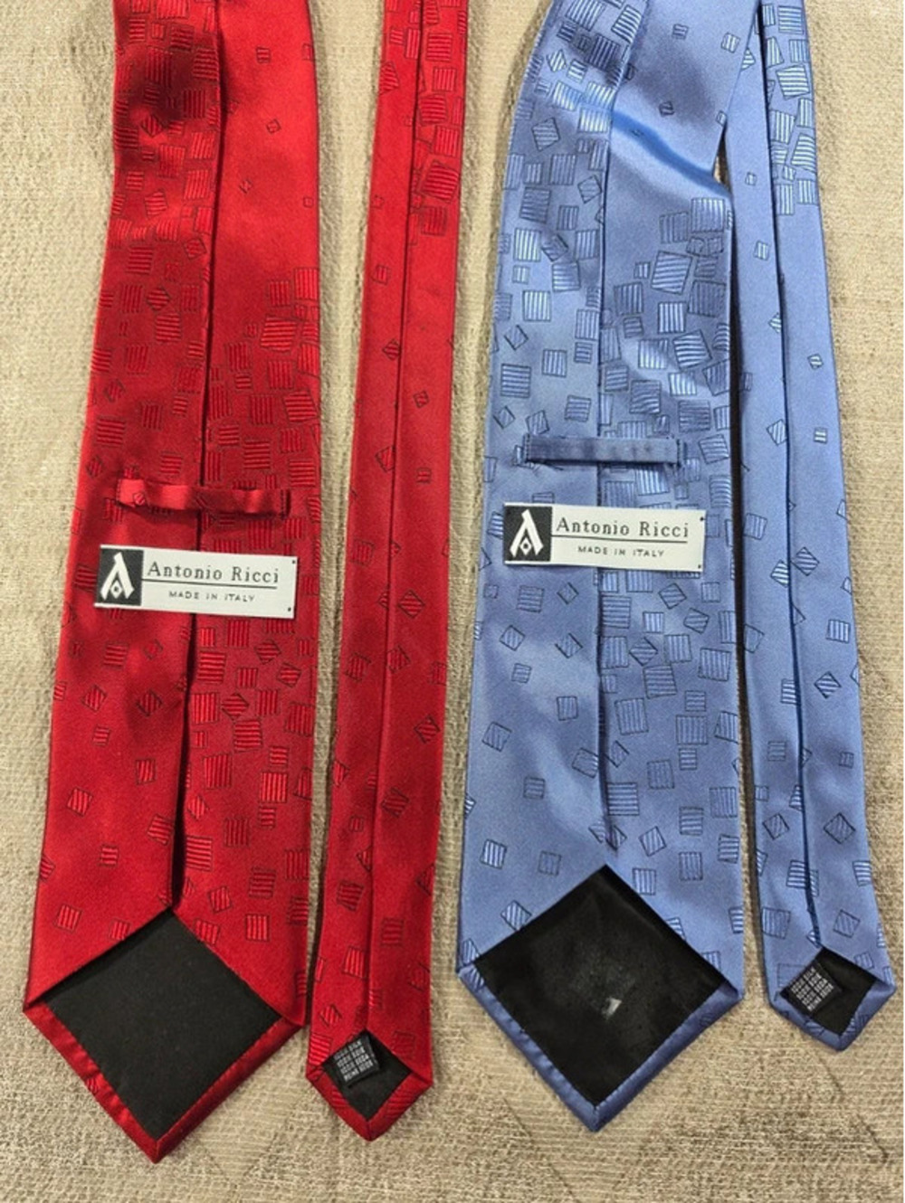 Lot of 2 Antonio Ricci Italy 100% Silk Ties • Red & Periwinkle Blue Geometric